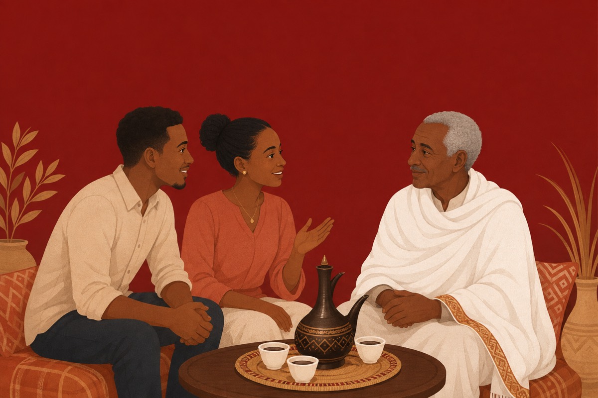 A family talking over Eritrean coffee at home